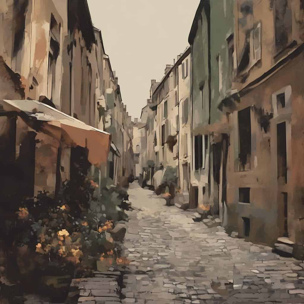 Παραδοσιακός δρόμος στην παλιά πόλη με ζωγραφικό στυλ, τέχνη και πολιτισμός.