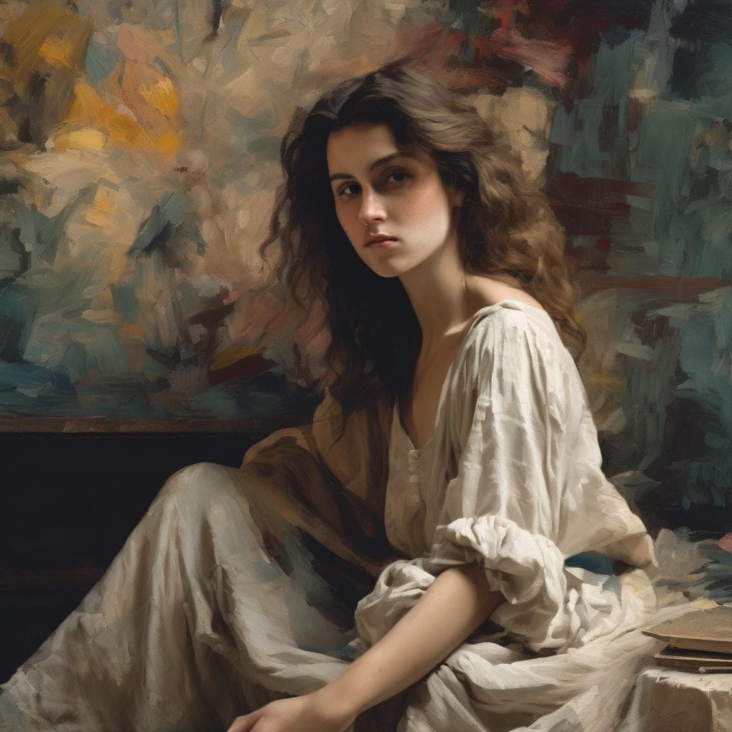 Γυναίκα σε καμβά με πλούσιο καστανόμαυρο μαλλί, σε ρετρό σκηνικό, απόλυτο τέχνη και δημιουργία.