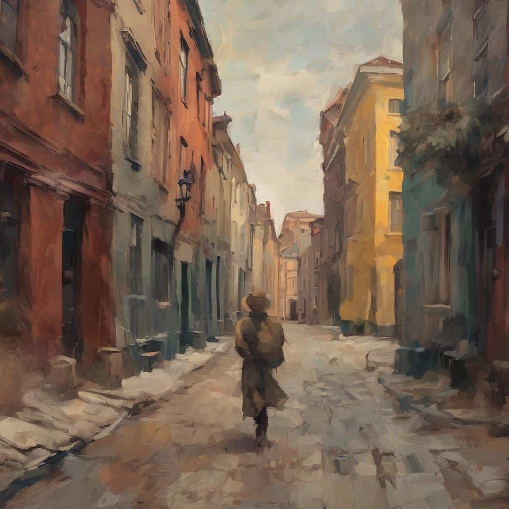 Ζωγραφικό έργο με αστικό σκηνικό, παλιά πολυκατοικίες και περαστικό σε δρομικό περιβάλλον.