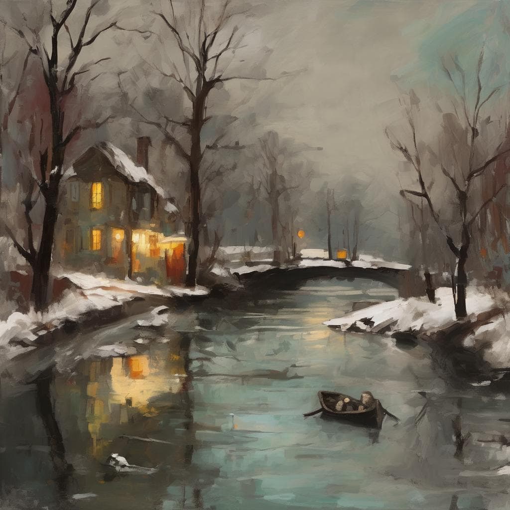 Ζεστός φωτισμός σε χειμωνιάτικο τοπίο με ποταμό και παγετό, αναπαράσταση τέχνης ως καθρέφτης του δημιουργού, συναισθηματική ζωγραφική.