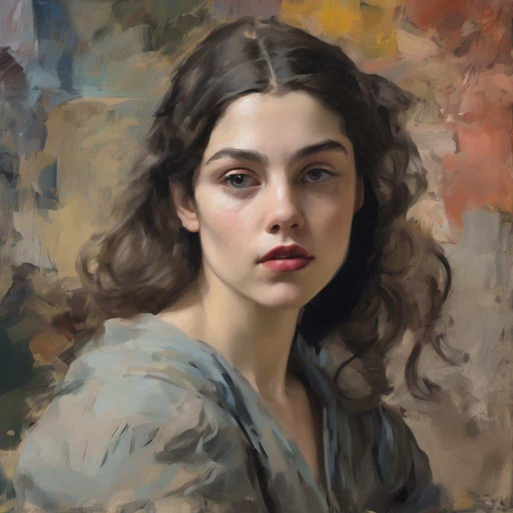 Ζωντανή πορτρέτα νεαρής γυναίκας με έμφαση στην τέχνη και τη δημιουργικότητα.