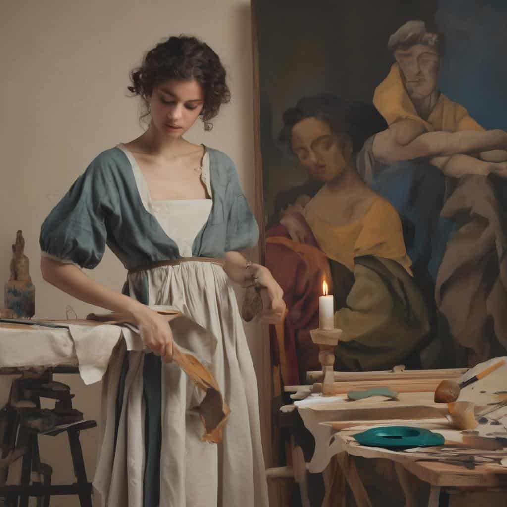 Λευκή και γαλάζια ρομαντική ενδυμασία, νεαρή γυναίκα στην ατελιέ τέχνης, ιστορία και δημιουργικότητα.