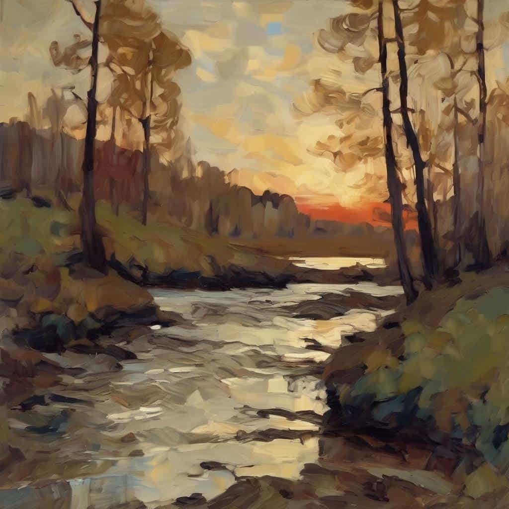 ρομαντική φύση με ποταμό και δέντρα το σπουδαίο έργο τέχνης, με ζωγραφική αισθητική και δημιουργικότητα.